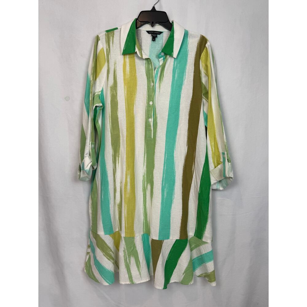 Maggy London Green Brushstroke Stripe Ruffle Shirt Dress Size XL Sleeveless